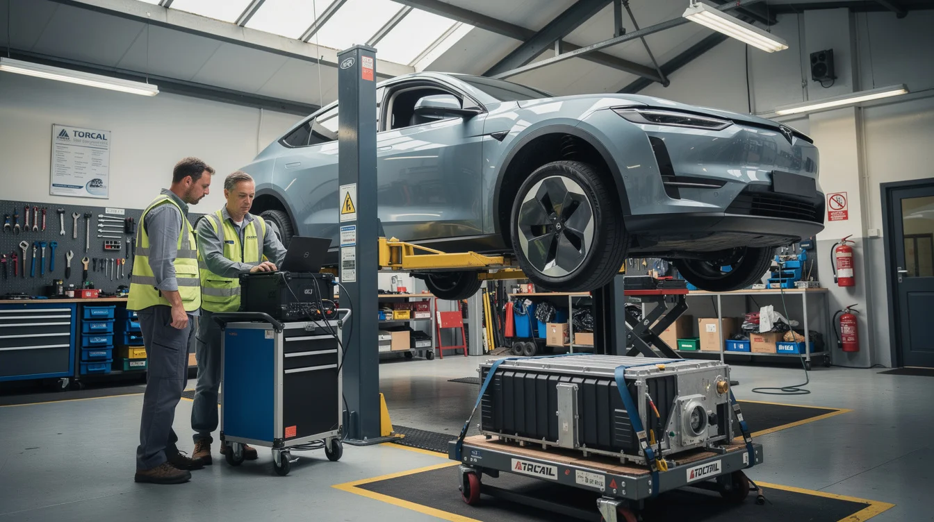 Wide editorial photograph in an independent electric-vehicle repair workshop in Britain: a large unbranded luxury SUV.