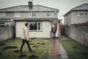 Editorial photograph of a compact, single-storey prefab dwelling in the rear garden of an established Irish.