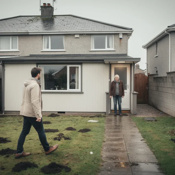 Editorial photograph of a compact, single-storey prefab dwelling in the rear garden of an established Irish.