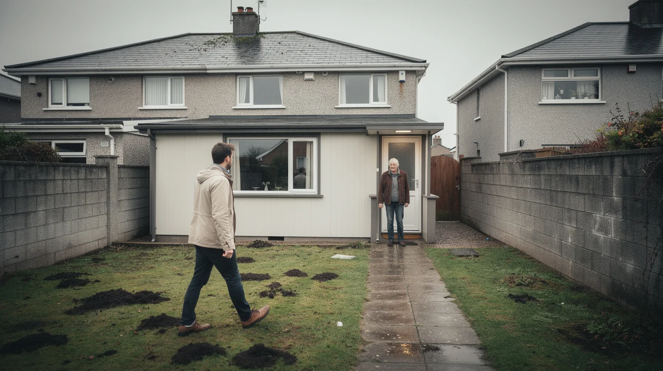 Editorial photograph of a compact, single-storey prefab dwelling in the rear garden of an established Irish.