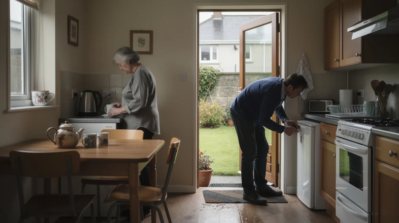 Editorial photograph inside a compact one-bedroom backyard dwelling in Ireland, looking from a modest kitchen.