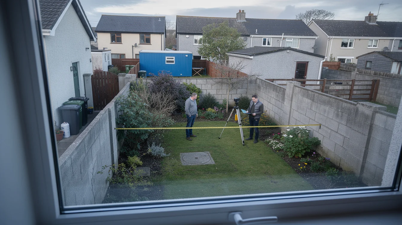Editorial photograph from an upstairs rear window of an Irish suburban house, overlooking a bounded garden.