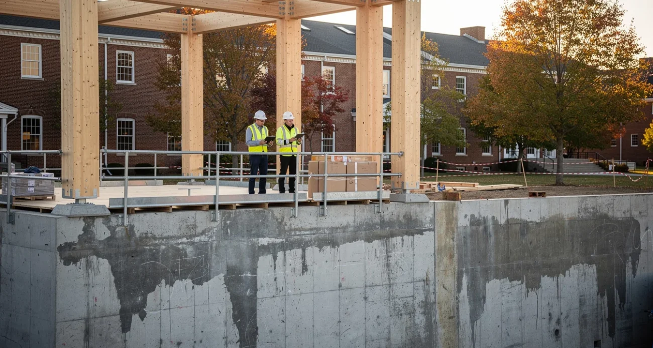 Editorial photograph of a university construction site in Amherst, Massachusetts, where a new mass-timber frame rises.