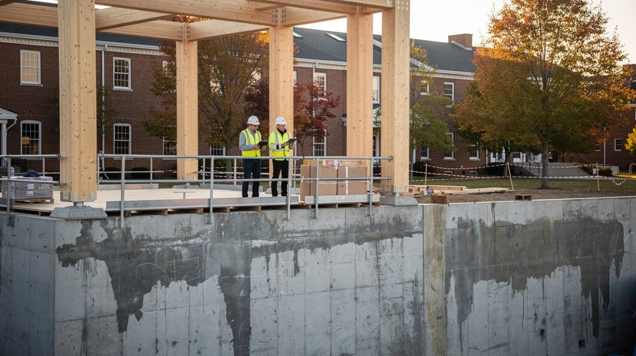 Editorial photograph of a university construction site in Amherst, Massachusetts, where a new mass-timber frame rises.