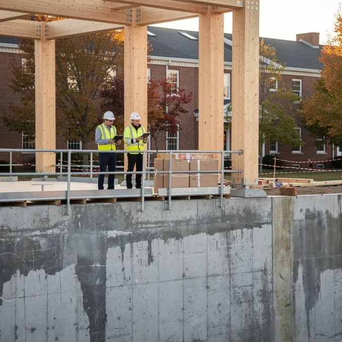 Editorial photograph of a university construction site in Amherst, Massachusetts, where a new mass-timber frame rises.