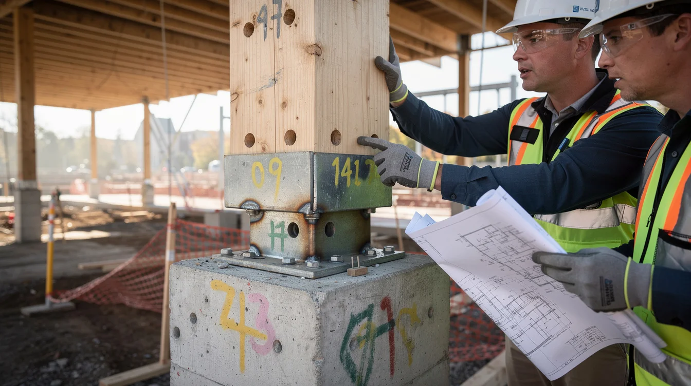 Editorial photograph at a Massachusetts campus construction site: a structural engineer and timber installer examine.