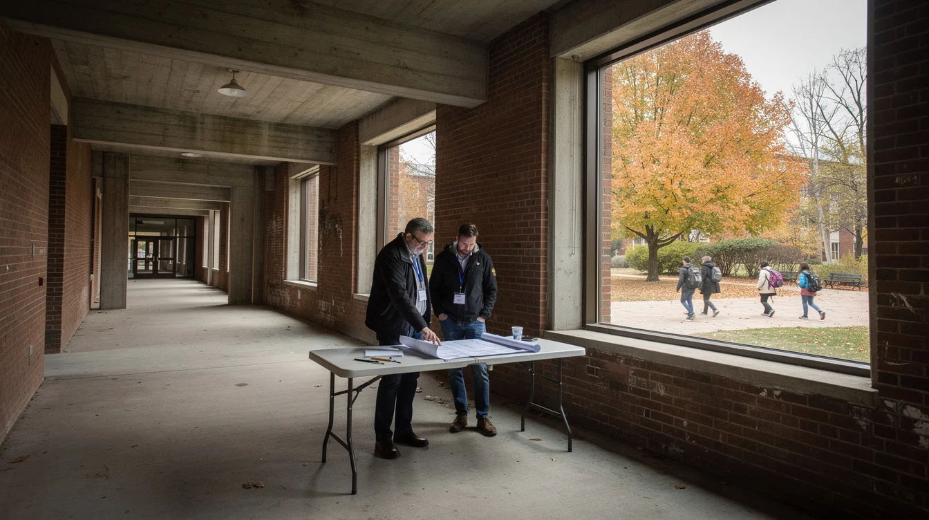Editorial photograph inside a vacant brutalist brick university building in Massachusetts during a reuse assessment..