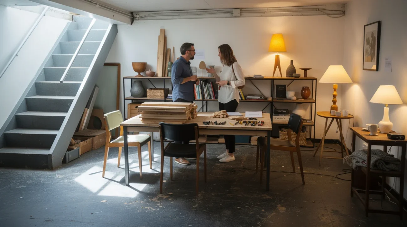 Illustrative editorial photograph evoking the London Design Festival: a modest basement retail gallery staged as.
