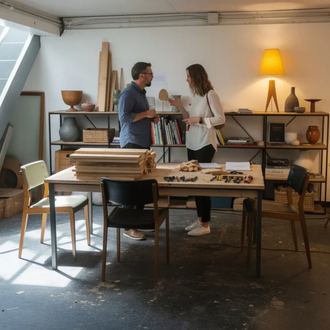 Illustrative editorial photograph evoking the London Design Festival: a modest basement retail gallery staged as.
