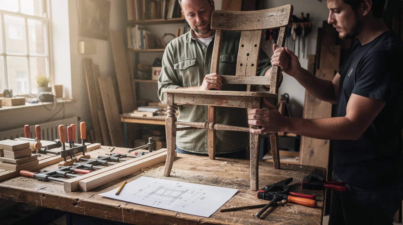 Editorial photograph in a small London furniture workshop: a designer tests the fit of salvaged chair.