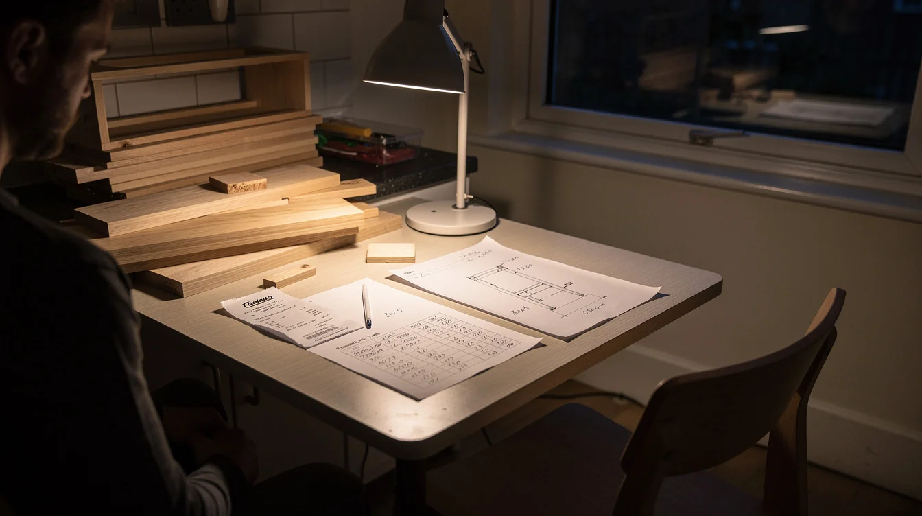 Illustrative editorial photograph of a London designer at a kitchen table after dark, comparing a material.