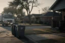 Illustrative editorial photograph on a residential street in Dallas, Texas, at early morning collection time..