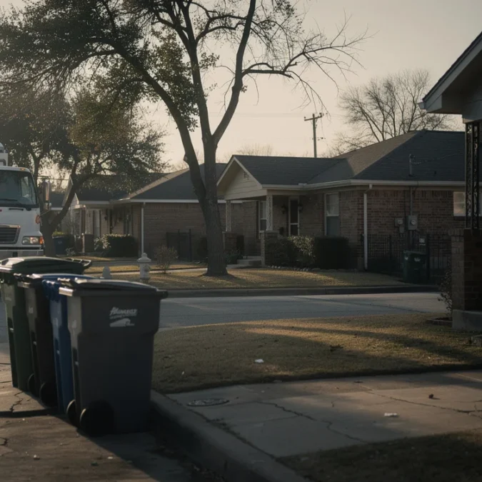 Illustrative editorial photograph on a residential street in Dallas, Texas, at early morning collection time..