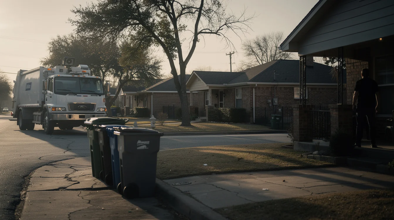 Illustrative editorial photograph on a residential street in Dallas, Texas, at early morning collection time..