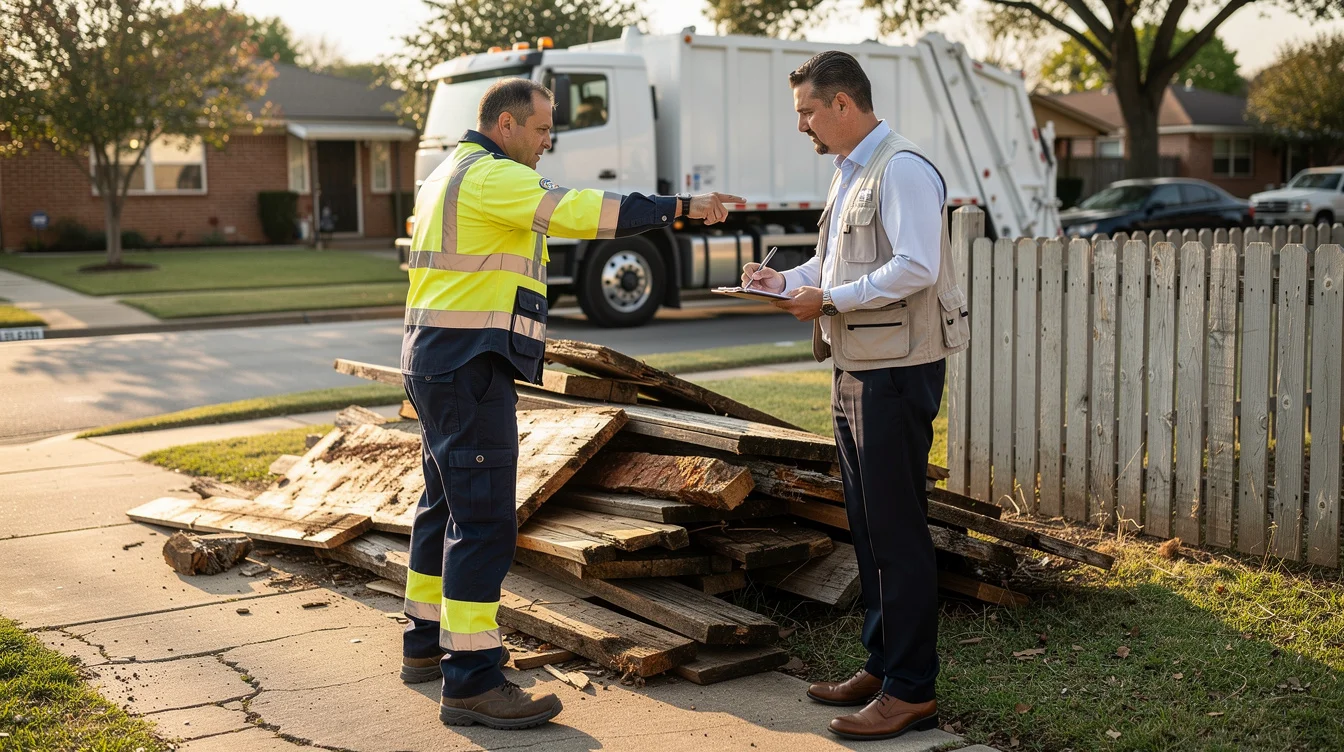 Illustrative editorial photograph of a sanitation worker and a municipal field inspector examining dumped timber beside.