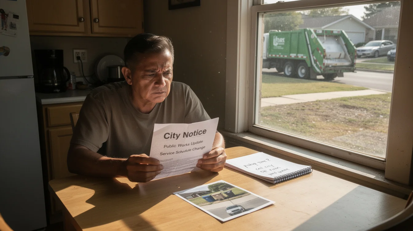 Illustrative editorial photograph inside a modest Dallas home, where a resident sits at a kitchen table.