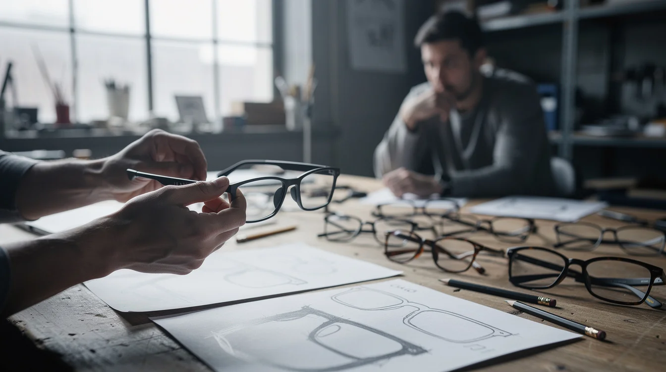 Editorial still-life photograph in a working industrial design studio: a designer holds camera-free audio eyewear beside.