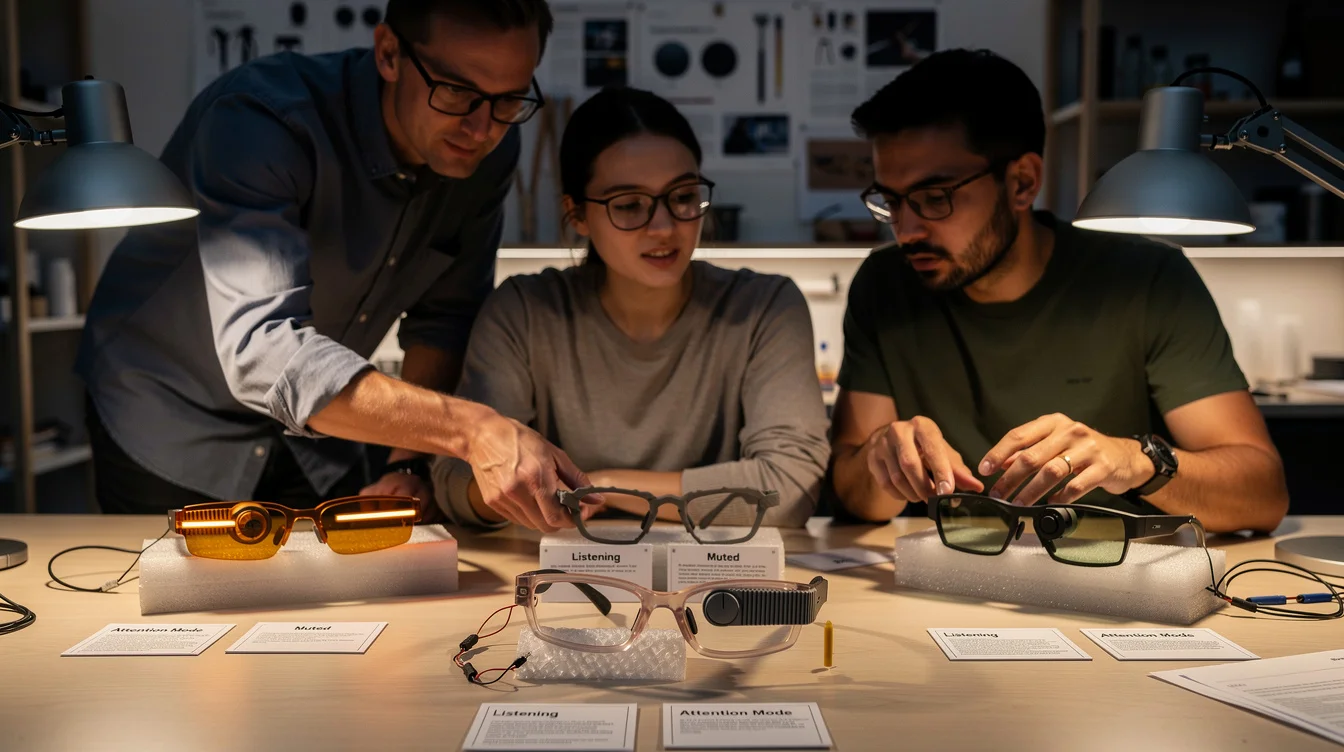 Staged editorial photograph of a consent-interface workshop for audio glasses: three designers gather around a table.