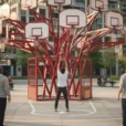 Editorial photograph of an outdoor public art setting in Toronto, a branching red sculpture carrying more.