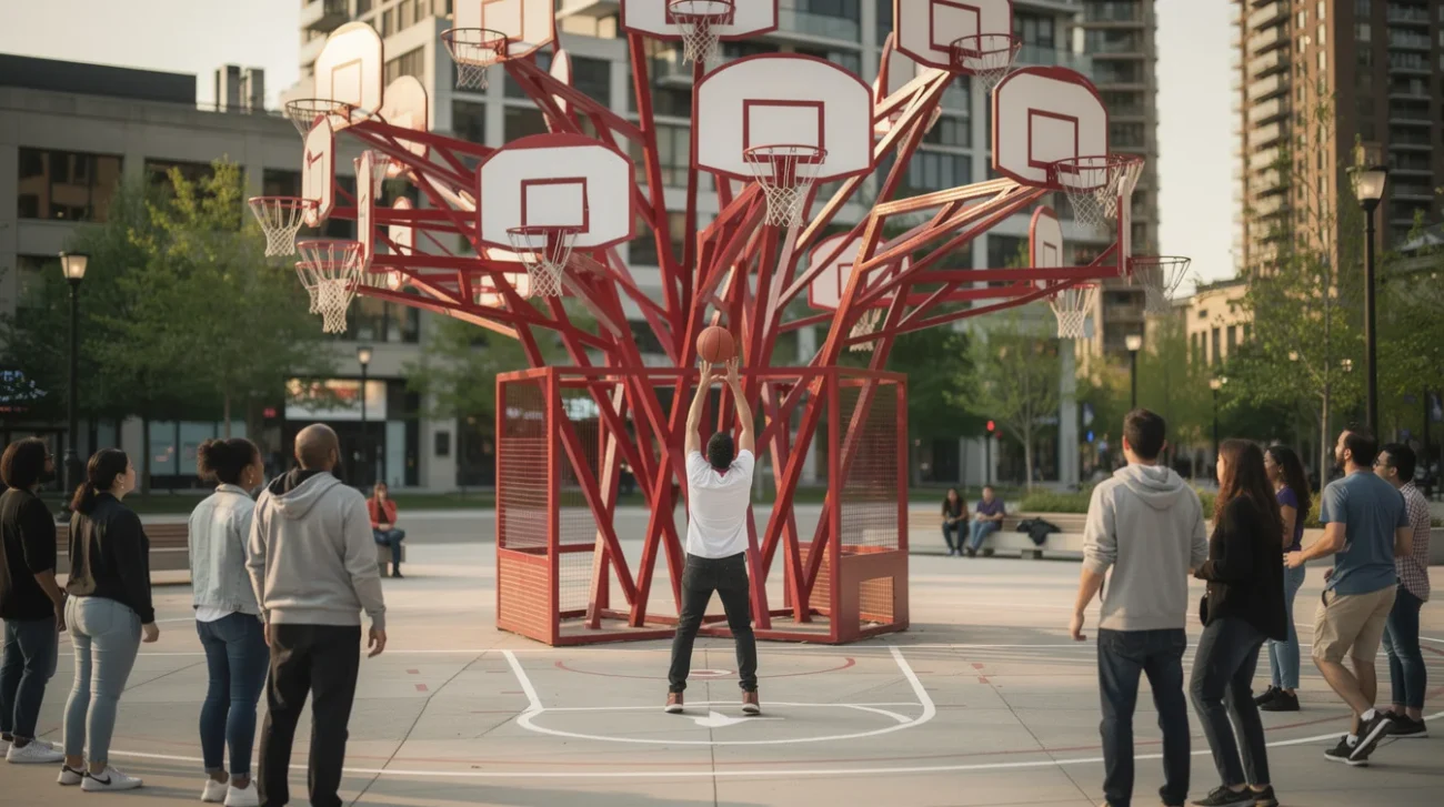 Editorial photograph of an outdoor public art setting in Toronto, a branching red sculpture carrying more.