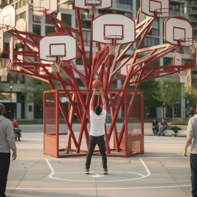 Editorial photograph of an outdoor public art setting in Toronto, a branching red sculpture carrying more.