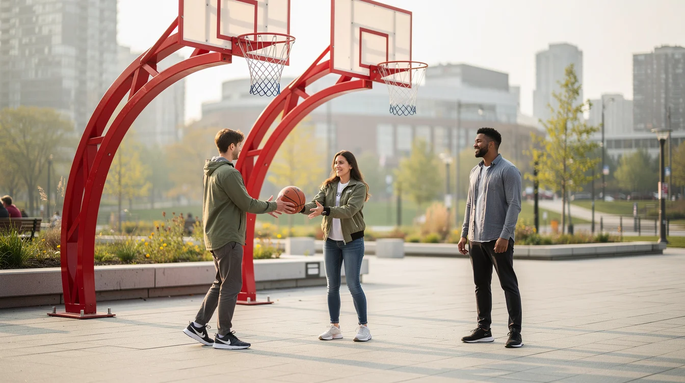 Ground-level editorial photograph in a Toronto outdoor recreation setting, two beginners passing a basketball beneath.