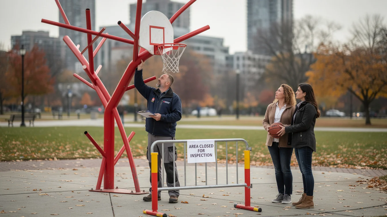 Documentary-style editorial photograph illustrating maintenance in a Toronto public art setting: a recreation worker visually checking.