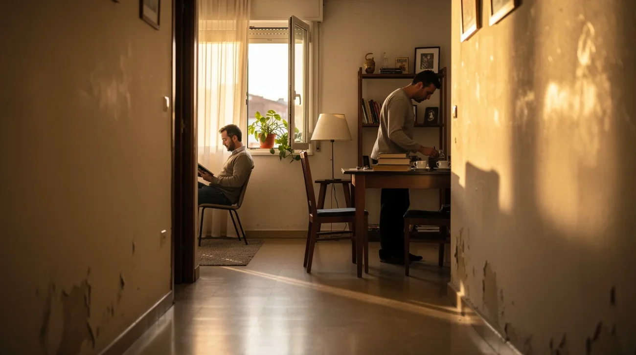 Editorial photograph inside a modest apartment in Vicálvaro, Madrid, representative rather than a reconstruction of.
