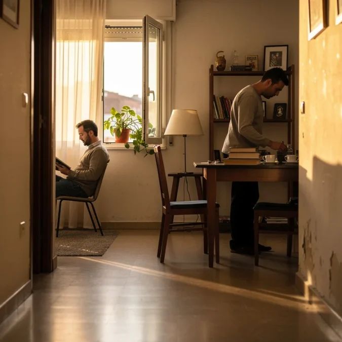 Editorial photograph inside a modest apartment in Vicálvaro, Madrid, representative rather than a reconstruction of.