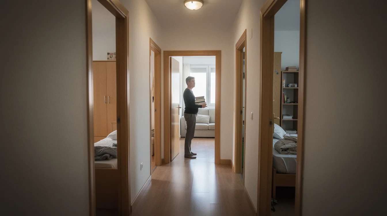 Editorial photograph looking down a narrow corridor in a 2000s apartment in Vicálvaro, Madrid. Several open.