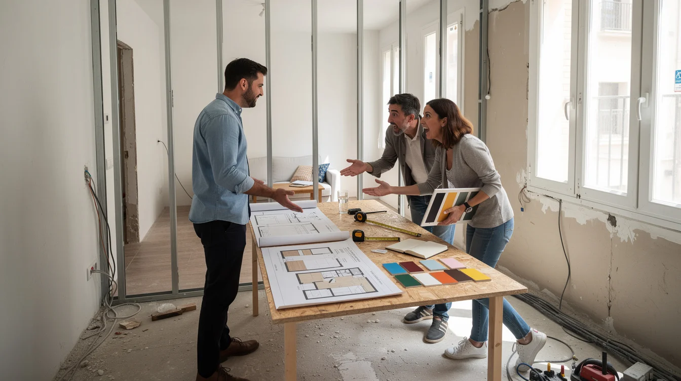 Editorial photograph of a design consultation in a compact Madrid apartment undergoing renovation. An architect.