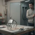 Editorial photograph of a staged domestic robotics concept in a modest apartment utility room: a fabricated.