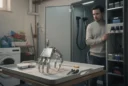 Editorial photograph of a staged domestic robotics concept in a modest apartment utility room: a fabricated.