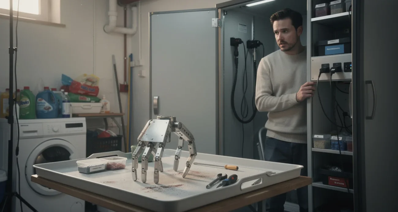 Editorial photograph of a staged domestic robotics concept in a modest apartment utility room: a fabricated.