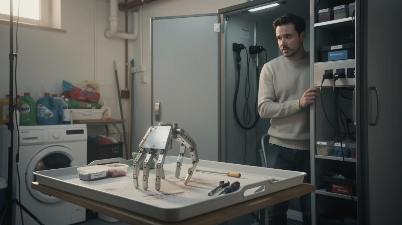 Editorial photograph of a staged domestic robotics concept in a modest apartment utility room: a fabricated.
