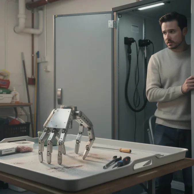 Editorial photograph of a staged domestic robotics concept in a modest apartment utility room: a fabricated.