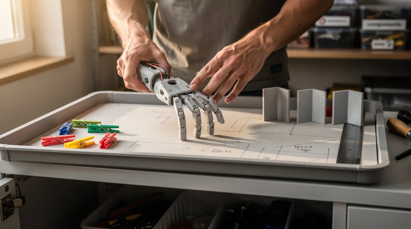 Close editorial photograph in a product-design workshop, showing a designer positioning an articulated robotic hand mockup.