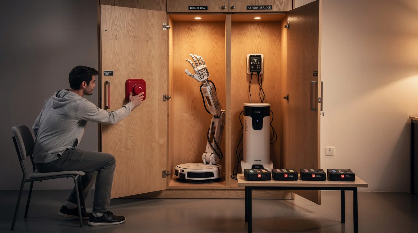 Wide editorial photograph of a staged apartment hallway with a speculative robot-storage cabinet open for inspection..