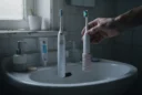 Editorial photograph in a lived-in bathroom at dawn: an adult reaches across a ceramic basin towards.