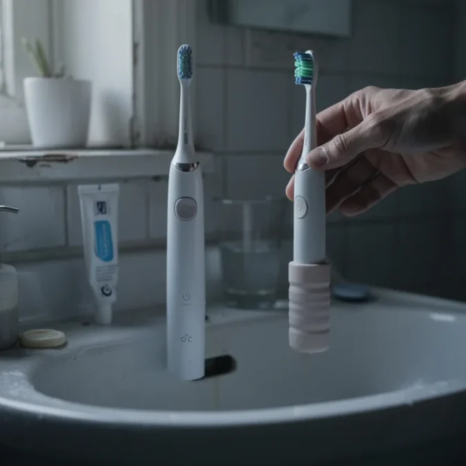 Editorial photograph in a lived-in bathroom at dawn: an adult reaches across a ceramic basin towards.