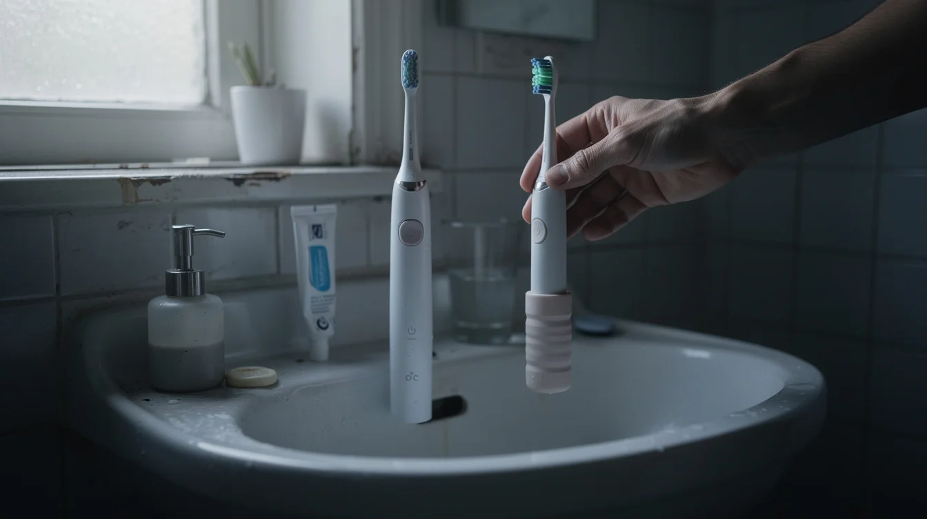 Editorial photograph in a lived-in bathroom at dawn: an adult reaches across a ceramic basin towards.