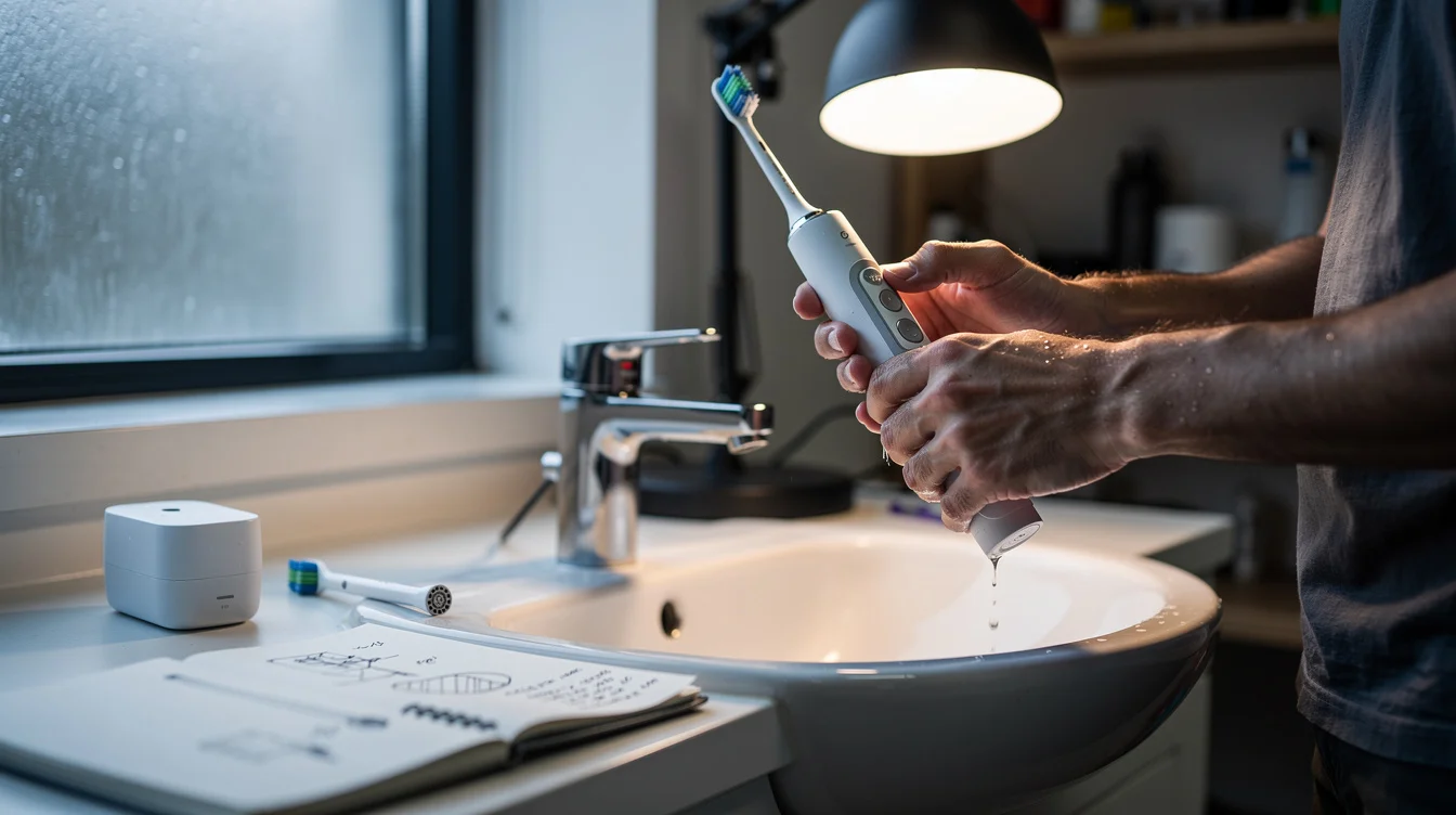 Editorial photograph of a product designer evaluating an unbranded electric toothbrush at a bathroom test station.