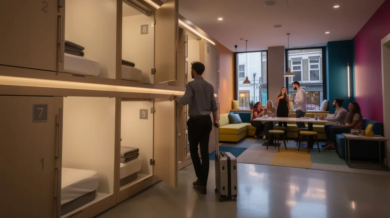 Illustrative editorial photograph inside a capsule hotel in Soho, central London, showing the threshold between.