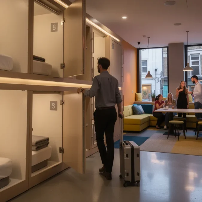 Illustrative editorial photograph inside a capsule hotel in Soho, central London, showing the threshold between.