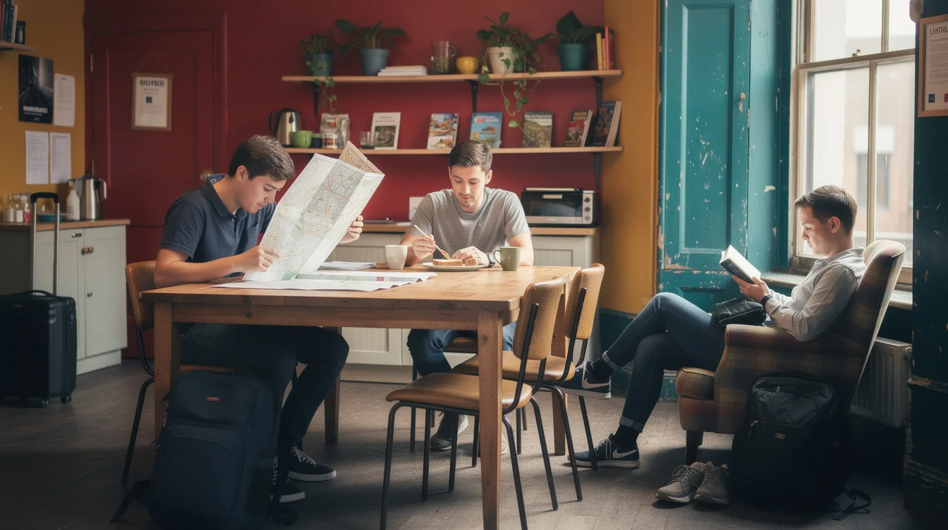 Illustrative editorial photograph of a colourful communal room in a converted hostel in Soho, central London..