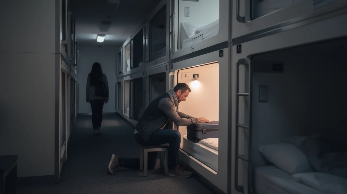 Illustrative editorial photograph in a central London capsule-hotel sleeping area at night. An adult traveller sits.