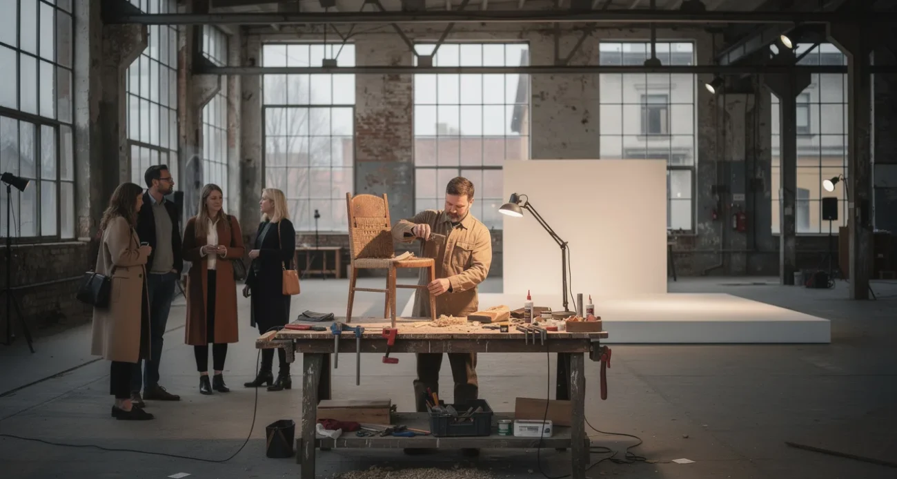 Staged editorial photograph exploring Tallinn Design Festival 2026’s “Future of Product Design” theme inside a former.