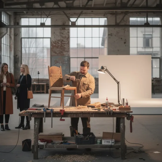 Staged editorial photograph exploring Tallinn Design Festival 2026’s “Future of Product Design” theme inside a former.