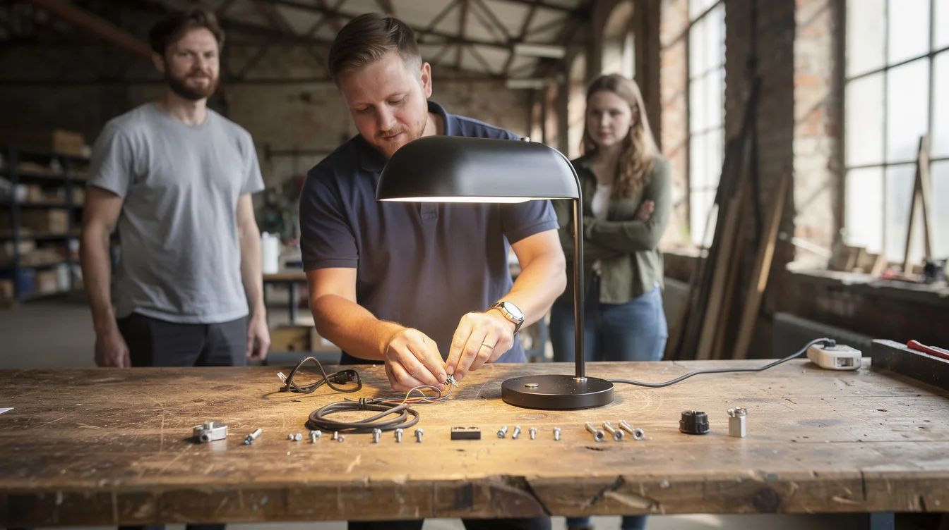 Editorial photograph of a staged repair demonstration in a converted industrial workshop in Tallinn, Estonia, illustrating.