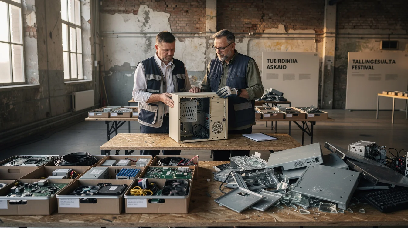 Staged editorial photograph imagining a product-retirement display for debate around Tallinn Design Festival 2026, not documenting.